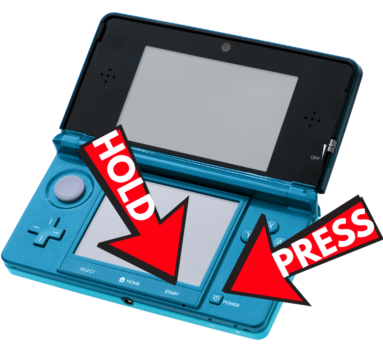 A Nintendo 3DS powering on: hold the START button while pressing POWER.